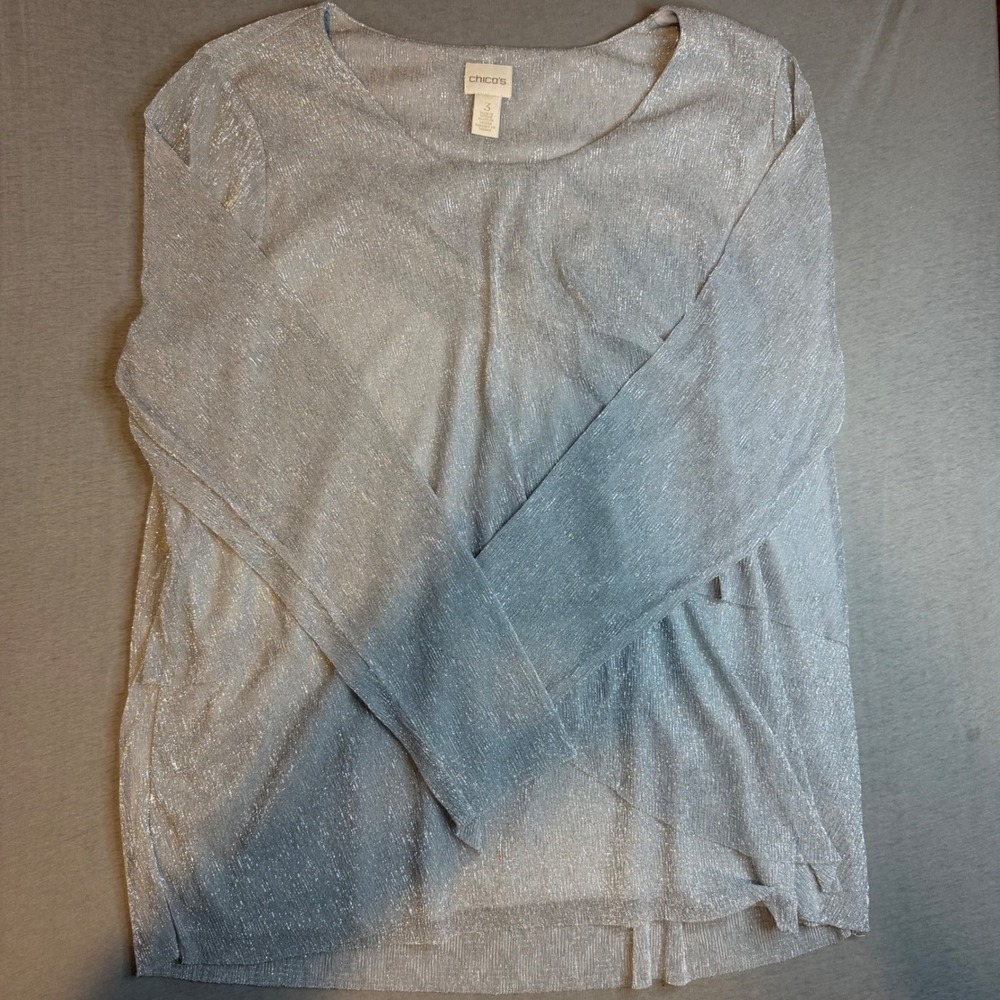 Chico's Silver Metallic Ombre Long Sleeve Top Size 3 XL Shimmer Blouse Lined